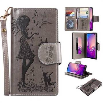 Embossing Cat Girl 9 Card Leather Wallet Case for Samsung Galaxy S10e (5.8 inch) - Gray