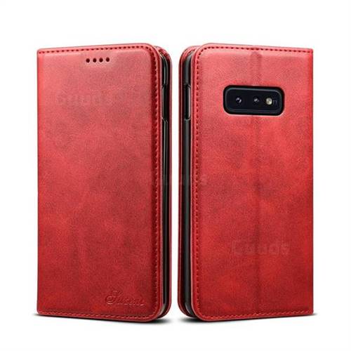 Suteni Simple Style Calf Stripe Leather Wallet Phone Case for Samsung Galaxy S10e (5.8 inch) - Red