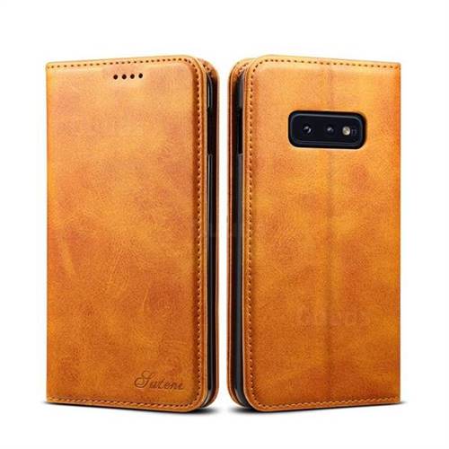 Suteni Simple Style Calf Stripe Leather Wallet Phone Case for Samsung Galaxy S10e (5.8 inch) - Khaki