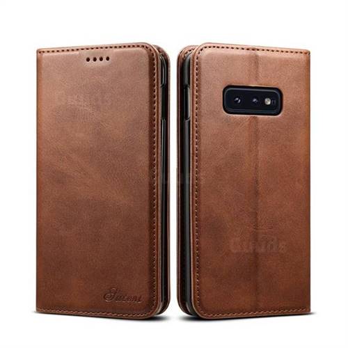 Suteni Simple Style Calf Stripe Leather Wallet Phone Case for Samsung Galaxy S10e (5.8 inch) - Brown
