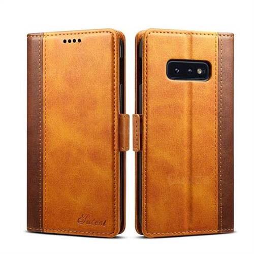 Suteni Calf Stripe Dual Color Leather Wallet Flip Case for Samsung Galaxy S10e (5.8 inch) - Khaki