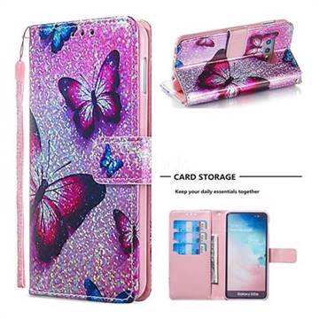 Blue Butterfly Sequins Painted Leather Wallet Case for Samsung Galaxy S10e (5.8 inch)