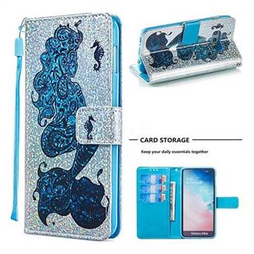 Mermaid Seahorse Sequins Painted Leather Wallet Case for Samsung Galaxy S10e (5.8 inch)