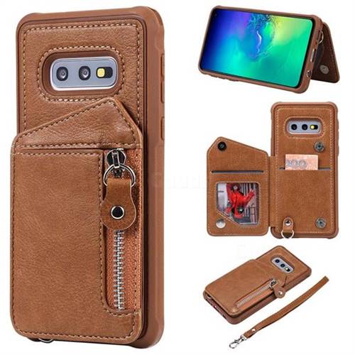 Classic Luxury Buckle Zipper Anti-fall Leather Phone Back Cover for Samsung Galaxy S10e (5.8 inch) - Brown