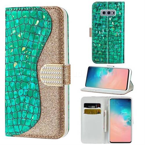 Glitter Diamond Buckle Laser Stitching Leather Wallet Phone Case for Samsung Galaxy S10e (5.8 inch) - Green