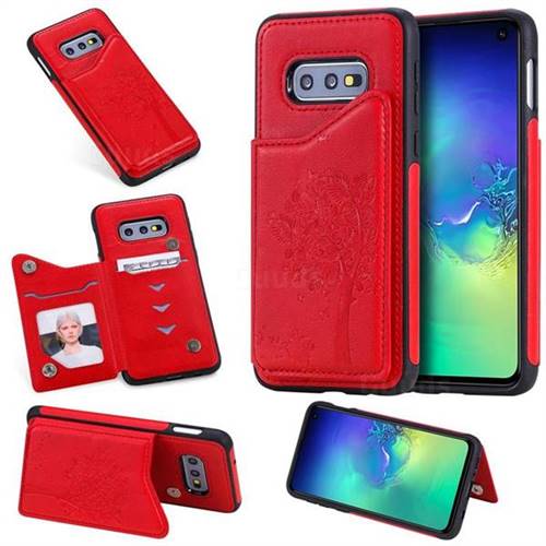 Luxury Tree and Cat Multifunction Magnetic Card Slots Stand Leather Phone Back Cover for Samsung Galaxy S10e (5.8 inch) - Red