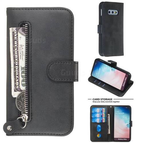 Retro Luxury Zipper Leather Phone Wallet Case for Samsung Galaxy S10e (5.8 inch) - Black
