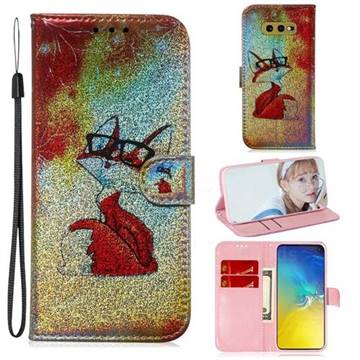 Glasses Fox Laser Shining Leather Wallet Phone Case for Samsung Galaxy S10e (5.8 inch)
