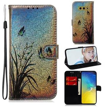 Butterfly Orchid Laser Shining Leather Wallet Phone Case for Samsung Galaxy S10e (5.8 inch)