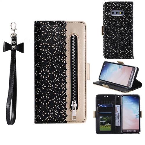 Luxury Lace Zipper Stitching Leather Phone Wallet Case for Samsung Galaxy S10e (5.8 inch) - Black