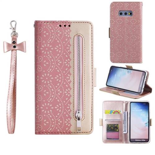 Luxury Lace Zipper Stitching Leather Phone Wallet Case for Samsung Galaxy S10e (5.8 inch) - Pink