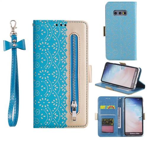 Luxury Lace Zipper Stitching Leather Phone Wallet Case for Samsung Galaxy S10e (5.8 inch) - Blue