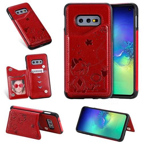 Luxury Bee and Cat Multifunction Magnetic Card Slots Stand Leather Back Cover for Samsung Galaxy S10e (5.8 inch) - Red