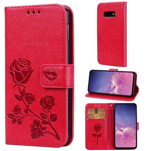 Embossing Rose Flower Leather Wallet Case for Samsung Galaxy S10e (5.8 inch) - Red