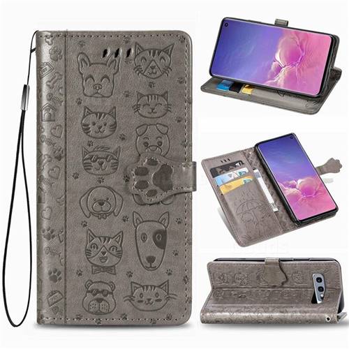 Embossing Dog Paw Kitten and Puppy Leather Wallet Case for Samsung Galaxy S10e (5.8 inch) - Gray