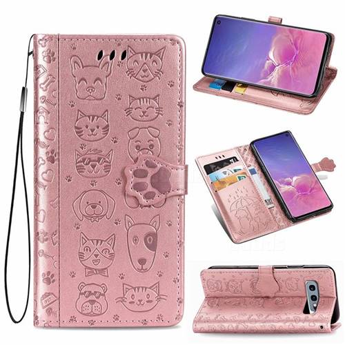 Embossing Dog Paw Kitten and Puppy Leather Wallet Case for Samsung Galaxy S10e (5.8 inch) - Rose Gold