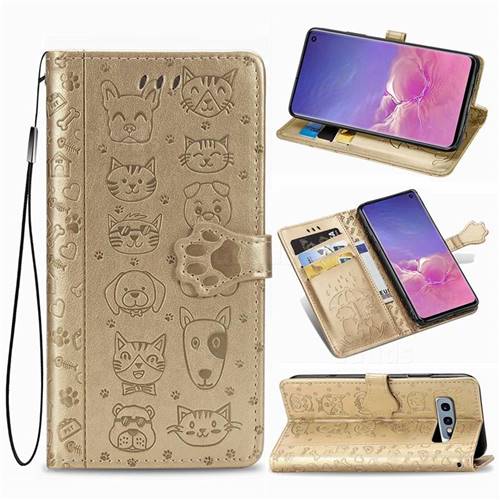 Embossing Dog Paw Kitten and Puppy Leather Wallet Case for Samsung Galaxy S10e (5.8 inch) - Champagne Gold