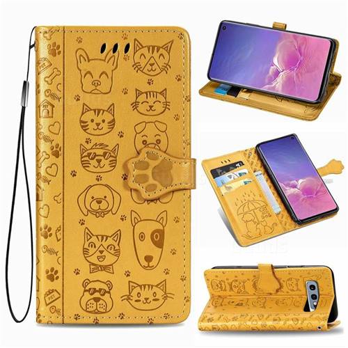 Embossing Dog Paw Kitten and Puppy Leather Wallet Case for Samsung Galaxy S10e (5.8 inch) - Yellow