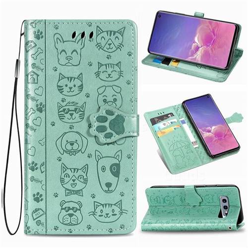 Embossing Dog Paw Kitten and Puppy Leather Wallet Case for Samsung Galaxy S10e (5.8 inch) - Green