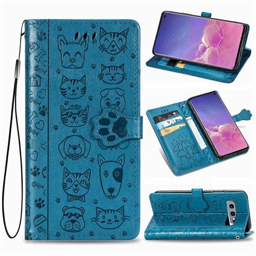 Embossing Dog Paw Kitten and Puppy Leather Wallet Case for Samsung Galaxy S10e (5.8 inch) - Blue