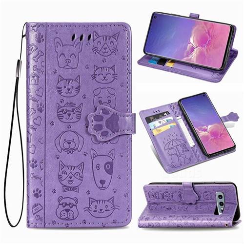 Embossing Dog Paw Kitten and Puppy Leather Wallet Case for Samsung Galaxy S10e (5.8 inch) - Purple