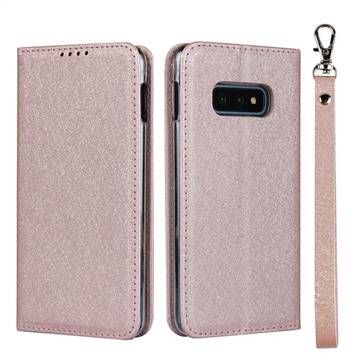 Ultra Slim Magnetic Automatic Suction Silk Lanyard Leather Flip Cover for Samsung Galaxy S10e (5.8 inch) - Rose Gold