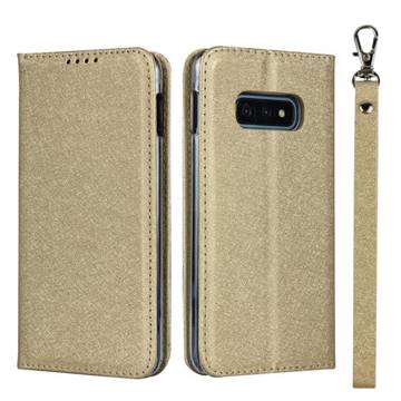 Ultra Slim Magnetic Automatic Suction Silk Lanyard Leather Flip Cover for Samsung Galaxy S10e (5.8 inch) - Golden