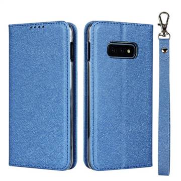 Ultra Slim Magnetic Automatic Suction Silk Lanyard Leather Flip Cover for Samsung Galaxy S10e (5.8 inch) - Sky Blue