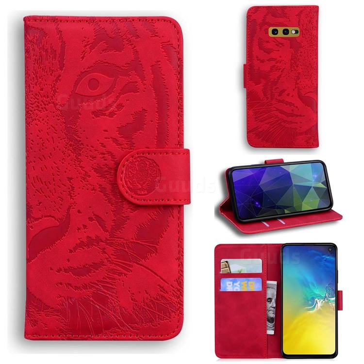 Intricate Embossing Tiger Face Leather Wallet Case for Samsung Galaxy S10e (5.8 inch) - Red