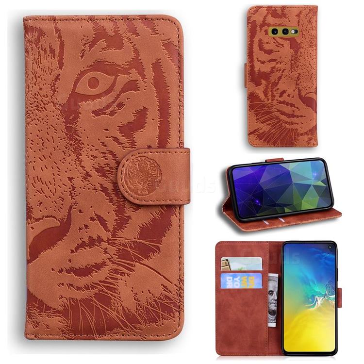 Intricate Embossing Tiger Face Leather Wallet Case for Samsung Galaxy S10e (5.8 inch) - Brown