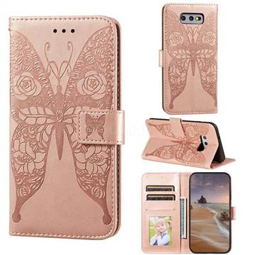 Intricate Embossing Rose Flower Butterfly Leather Wallet Case for Samsung Galaxy S10e (5.8 inch) - Rose Gold