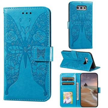 Intricate Embossing Rose Flower Butterfly Leather Wallet Case for Samsung Galaxy S10e (5.8 inch) - Blue