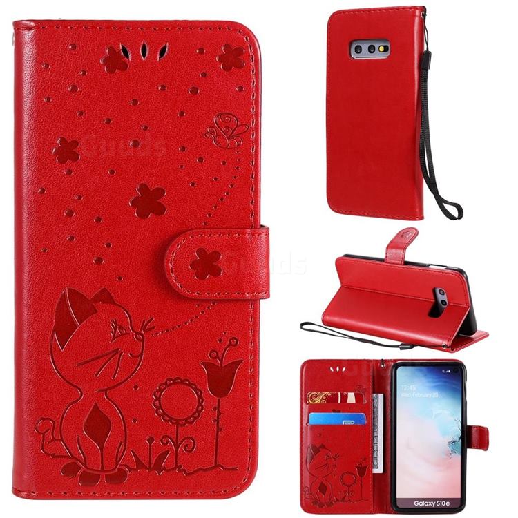 Embossing Bee and Cat Leather Wallet Case for Samsung Galaxy S10e (5.8 inch) - Red