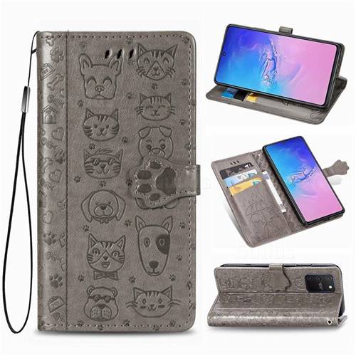 Embossing Dog Paw Kitten and Puppy Leather Wallet Case for Samsung Galaxy S10 Lite(6.7 inch) - Gray