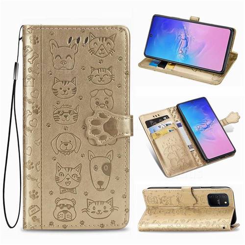 Embossing Dog Paw Kitten and Puppy Leather Wallet Case for Samsung Galaxy S10 Lite(6.7 inch) - Champagne Gold