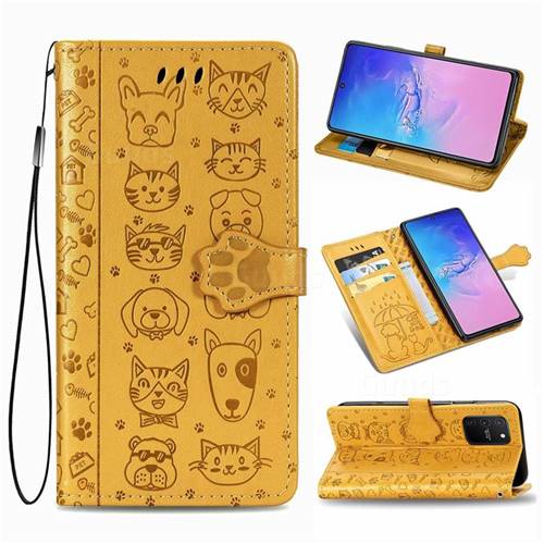 Embossing Dog Paw Kitten and Puppy Leather Wallet Case for Samsung Galaxy S10 Lite(6.7 inch) - Yellow
