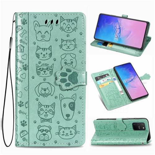 Embossing Dog Paw Kitten and Puppy Leather Wallet Case for Samsung Galaxy S10 Lite(6.7 inch) - Green