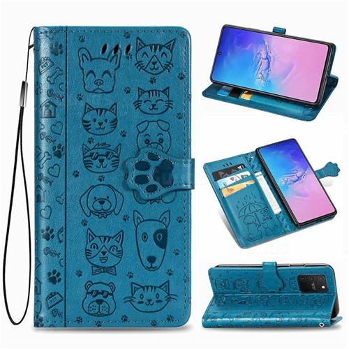 Embossing Dog Paw Kitten and Puppy Leather Wallet Case for Samsung Galaxy S10 Lite(6.7 inch) - Blue