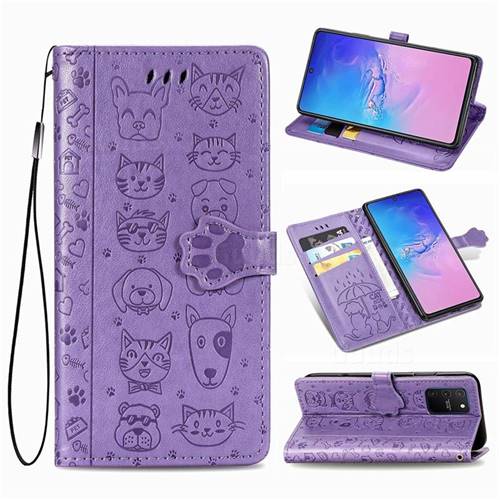 Embossing Dog Paw Kitten and Puppy Leather Wallet Case for Samsung Galaxy S10 Lite(6.7 inch) - Purple
