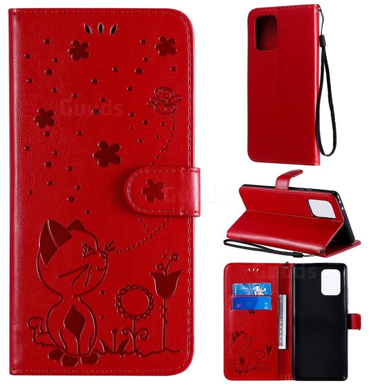 Embossing Bee and Cat Leather Wallet Case for Samsung Galaxy S10 Lite(6.7 inch) - Red