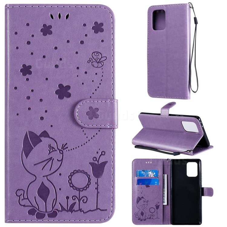 Embossing Bee and Cat Leather Wallet Case for Samsung Galaxy S10 Lite(6.7 inch) - Purple