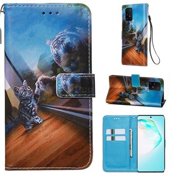 Mirror Cat Matte Leather Wallet Phone Case for Samsung Galaxy S10 Lite(6.7 inch)