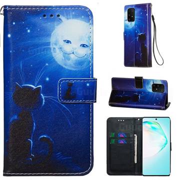 Cat and Moon Matte Leather Wallet Phone Case for Samsung Galaxy S10 Lite(6.7 inch)