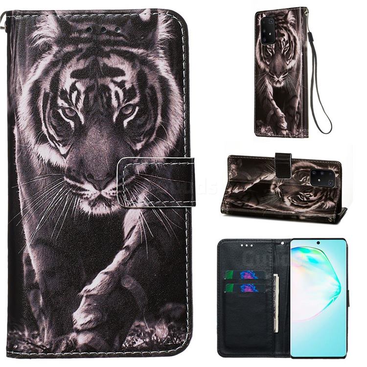Black and White Tiger Matte Leather Wallet Phone Case for Samsung Galaxy S10 Lite(6.7 inch)