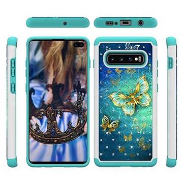 Gold Butterfly Studded Rhinestone Bling Diamond Shock Absorbing Hybrid Defender Rugged Phone Case Cover for Samsung Galaxy S10 Plus(6.4 inch)