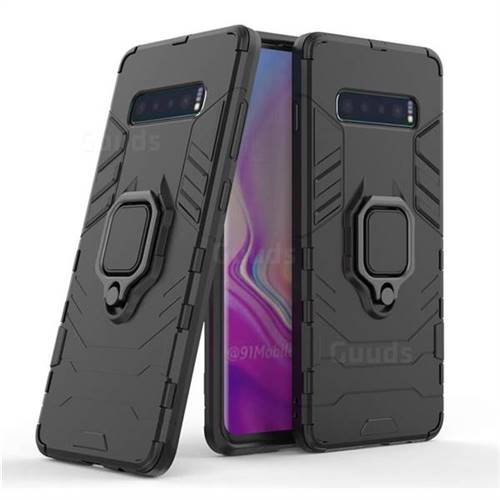 Black Panther Armor Metal Ring Grip Shockproof Dual Layer Rugged Hard Cover for Samsung Galaxy S10 Plus(6.4 inch) - Black