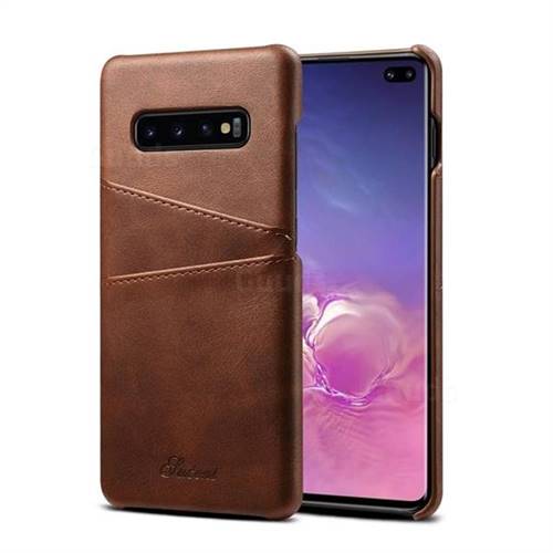 Suteni Retro Classic Card Slots Calf Leather Coated Back Cover for Samsung Galaxy S10 Plus(6.4 inch) - Brown