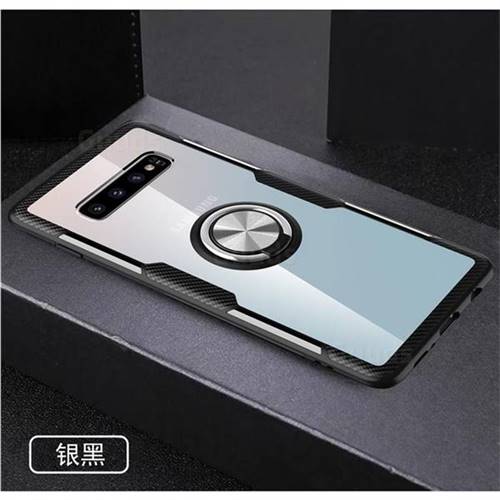 Acrylic Glass Carbon Invisible Ring Holder Phone Cover for Samsung Galaxy S10 Plus(6.4 inch) - Silver Black