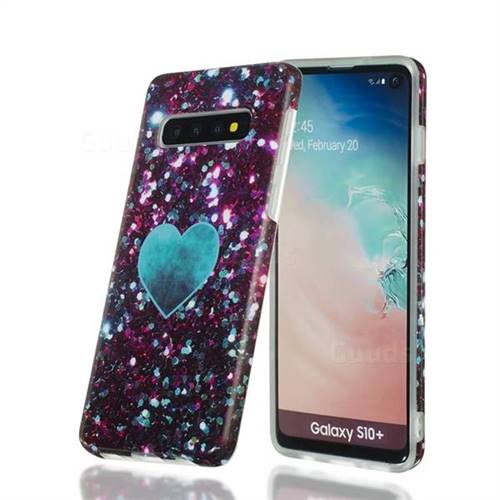 Glitter Green Heart Marble Clear Bumper Glossy Rubber Silicone Phone Case for Samsung Galaxy S10 Plus(6.4 inch)