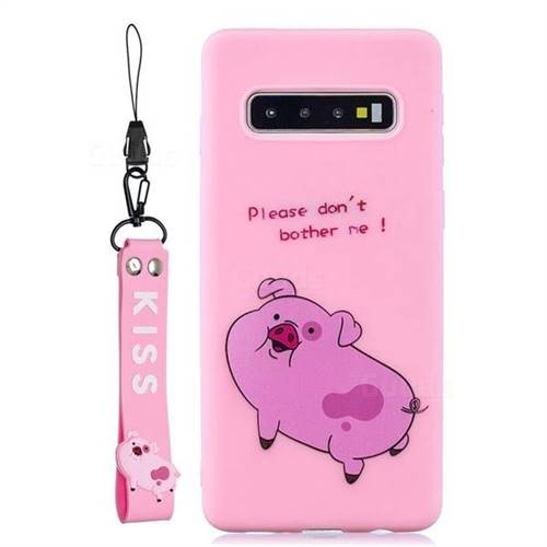 Pink Cute Pig Soft Kiss Candy Hand Strap Silicone Case for Samsung Galaxy S10 Plus(6.4 inch)